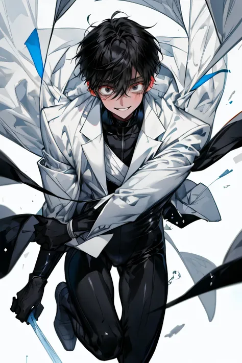 1 boy,  short black hair tied behind, black full body suit, white jacket, looking at viewer, Close to the face,  dark eyed,  white background, clean background ,  detailed face , High quality work , Crying but smiling face