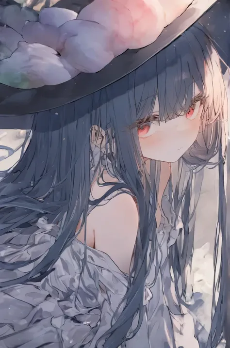 ，  Premium Quality  ，  Alina ，  Official Art  , beautiful, And pick   ， Very Detailed （Fractional art 1 .2），most detailed，  a girl ，  expressionless faces  ， Dark blue long hair   ， wearing a wizard hat，  dark red eyes  ,   Very Detailed  ,   high detail ,...