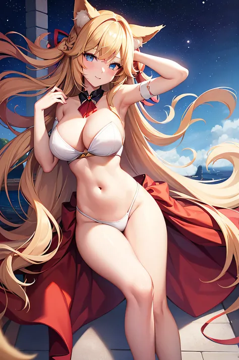 1girl, ahri (league of legends), fox ears, tail, breasts, cleavage, multiple_tails, long_hair, blonde_hair, blue_eyes, white clothing, red clothing, white tail, 8K best quality, masterpiece, ultra detailed, illustration, azur lane style