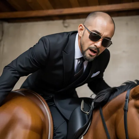 Age 30、father、Combatant、Raid、 black suit、 black tuxedo 、Mountain hut。 feet 、Leaning against the wall、Muscular, ,hort hair 、Thinning hair、 undercut、　Turkish face　Stubble　Bald Head　　　　　Wear black sunglasses 　  view from below 　 upper body close-up riding on ...