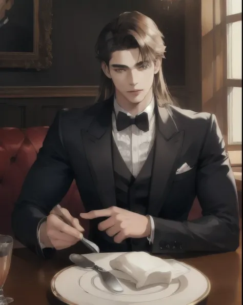 ( photorealistic:1.4),  Top Quality, Table,  super high resolution , 1st son, ( detailed face:1.2), (Detailed eyes:1.2), (Detailed clothes :1.2), Muscular、cafe, butler,  young man, Long hair,  dark 