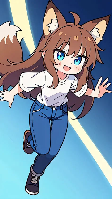  1 girl,  beautiful eyes, blue eyes, long hair, Brown Hair,  animal ears ,  fox ear, white shirt, Blue Jeans,smile,whole body,Ahoge, is running