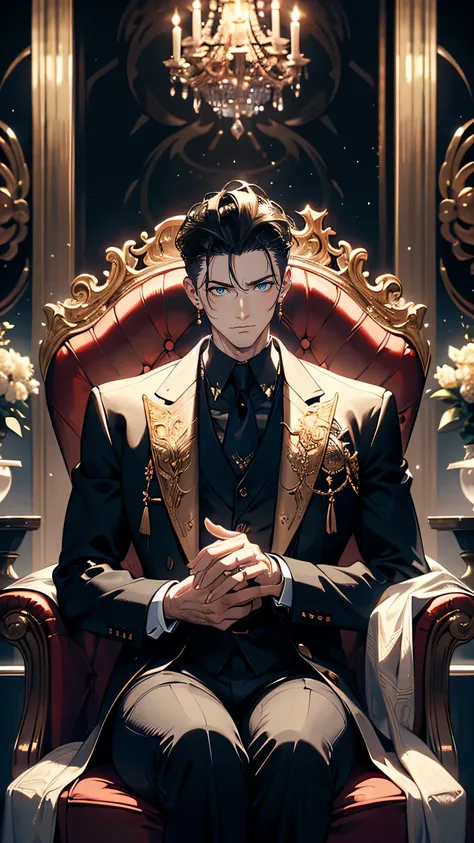 “A powerful businessman sitting in a luxurious mansion, dressed in a perfectly tailored black suit. His expression is cold and calculating, with a slight smirk that conveys his dominance and authority. He sits confidently in a high-backed chair, surrounded...