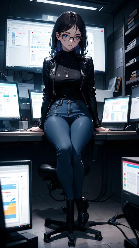 “A female information broker in a dimly lit room, surrounded by computer monitors and high-tech equipment. She has a sharp, intelligent look, with short, dark hair and glasses, her eyes focused intensely on the screens in front of her. She wears casual, fu...