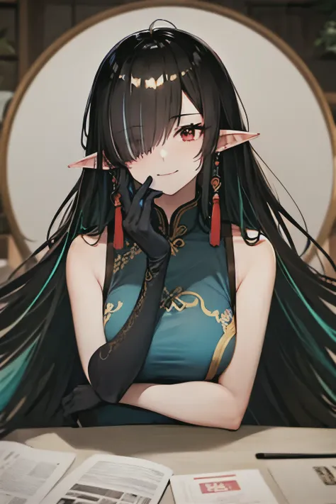 black_hair, long_hair, pointy_ears, multicolored_hair, jewelry, earrings, red_eyes, sleeveless, colored_skin, streaked_hair, big...