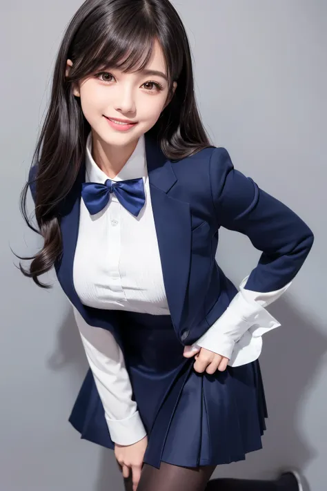  Max Image、HDR、Navy Blue Blazer、(( navy blue plain long tight skirt that hides the knee))、White blouse、((navy blue plain large bow tie))、((( black pantyhose)))、(( Black Loafers ))、(( full body photo standing up to his feet))、Cute high school girls、Height: ...