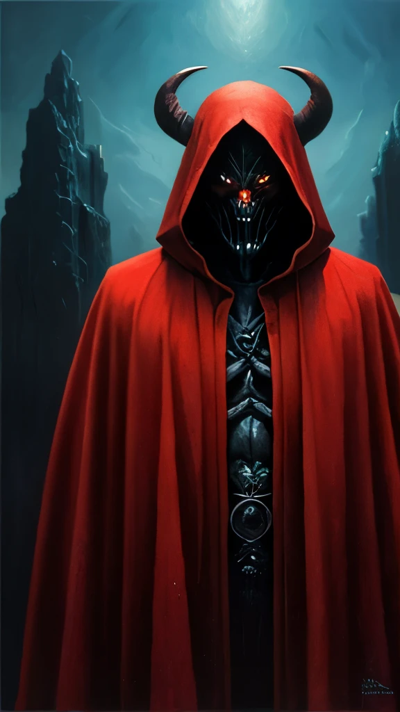 a painting of a man in a red cloak and a red mask, chtulhu, just art for dark metal music, z. beksinski, ( beksinski ), jeffrey jones, beksinski style painting, one a demon-like creature, one a demon - like creature, beksinski style, dark cloaked figure, b...