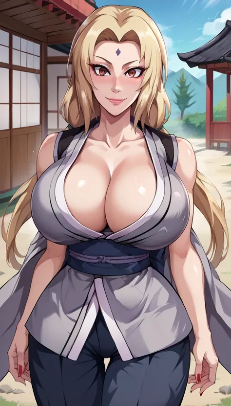 score_9, score_8_up, score_7_up, score_9, source_anime, BREAK   TsunadeSDXL, 1girl, solo, long hair, breasts, looking at viewer, blush, smile, blonde hair, cleavage, bare shoulders, brown eyes, closed mouth, collarbone, japanese clothes, sleeveless, shiny,...