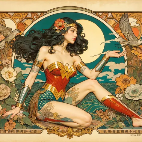 Japanese painting expression 、 Mucha-like design 、 young woman、、Sitting in a Wonder Woman costume、Tattoo、、Precision in the details、Wabi-sabi、 Flower Bird Wind Moon、 Art Nouveau