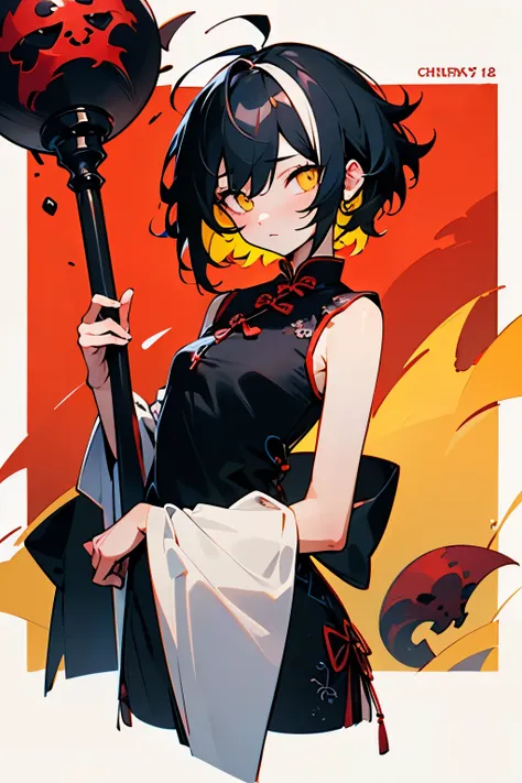 ((best quality)), ((masterpiece)), (detailed), black_hair, messy_hair_style, short_hair, yellow_eyes, colored_skin, streaked_hair, no_breasts, little_girl, no face, short hair, short, red_cheongsam, sleeveless