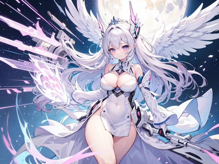  Simple silver and white long hair ，  various pink and light blue princess dresses look a bit soft and cute，Light pink pupils ，The whole is fluorescent ，Big Breasts， Gentle Smile， Sci-Fi Style ，Half-body image ，Slightly plump figure，Mechanical Angel Wings，...