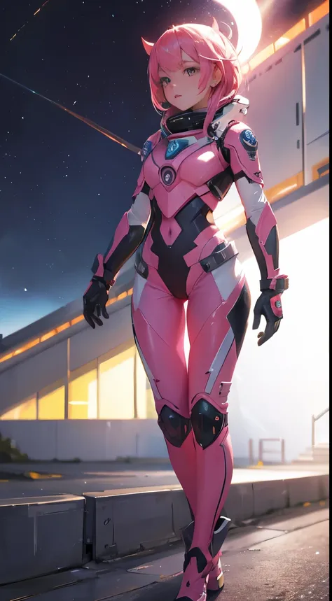 （tmasterpiece：1.3），（best qualtiy：1.3），3d，8k，.1girll，solo，Pink hair，Pink eyes，shelmet，full bodyesbian，Spacesuit，tightsuit，gloves，standing on your feet，Q version