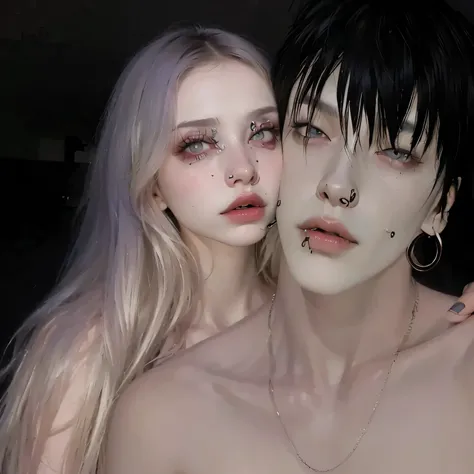 there is a woman with piercings and a man with piercings, tumblr, imvu, pixivs and junji ito, pale - white skin, creepy aesthetic, nixeu and sakimichan, hyperrealistic aesthetic, scary look, goth aesthetic, hollow cheeks, trending on deviant art, darkwave ...