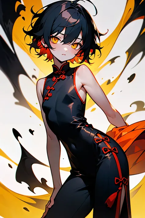 ((best quality)), ((masterpiece)), (detailed), black_hair, messy_hair_style, short_hair, yellow_eyes, colored_skin, no_breasts, flat_breasts, little_boy, no face, short hair, short, red_cheongsam, sleeveless