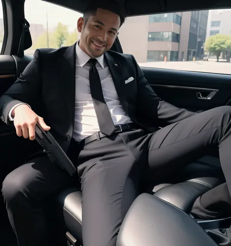 40-year-old man, black suit,Inside the car、mafia、 open your legs wide、 the crotch part of my pants is bulging, bulging muscles ,Gay , shorthair, shorthair、Stubble,Asian,Hermes Belt。Black socks、Equipped with a gun、smile