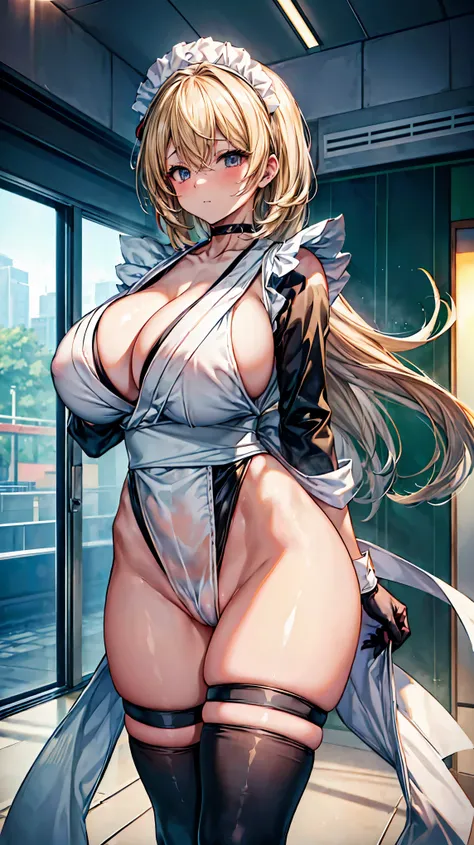 ABC、Japanese style maid、(beautiful long blond woman),  laughs,Green Eyes, (insanely big breasts:1.6),  cleavage, cowboy shot,  black high-leg leotard、 (detailed crotch area), (groin area), (SFW Giant:1.6),  Thigh High Socks , best quality,8k,masterpiece, V...