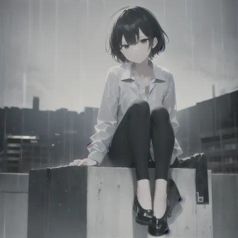  black hair , black eyes ,  dark sky , rain, Expressionless,  white shirt ,  black short coat ,  short hair ,  sitting on the roof, black pants, Glitch