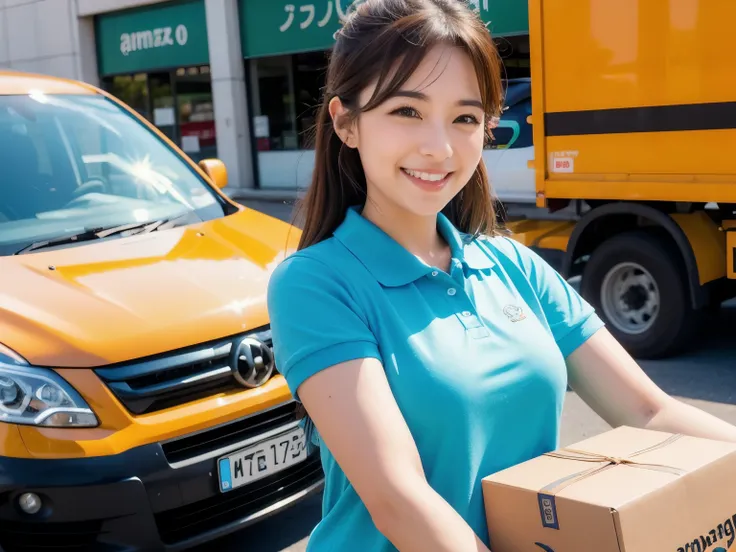 A cute young female light cargo driver delivering Amazon packages. She is smiling, wearing a casual polo shirt as her work uniform, and driving a small white light cargo truck. The background features a vibrant Japanese cityscape under a clear blue sky, cr...