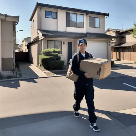 A Japanese male delivery person, wearing a casual uniform with a company logo, is delivering small cargo in a residential area. He is wearing a cap and gloves, carrying a package with both hands while walking towards a front door. His delivery van, a compa...