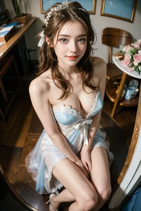  best quality,  masterpiece super high resolution 8k  ,(( portrait of a person sitting with legs aligned :1.4)), ( realistic :1.6), (( blue eyes)),(( Shining Smile )),  RAW photo,(( realistic な美肌)),((bright light color wedding dress:1.4)),((  soft breasts ...