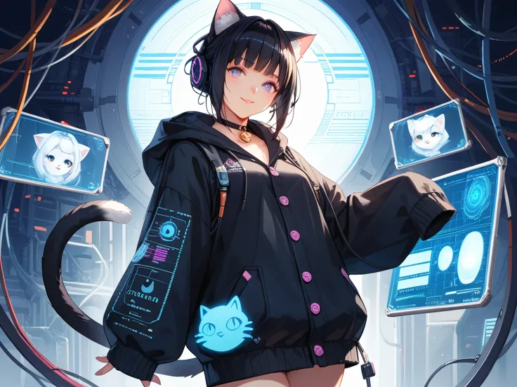 anime girl with black hair and a cat hat, anime style illustration, moe artstyle, wallpaper 8 k, digital illustration, beautiful catgirl, she wears a hoodie with animal ears and technowear technology, futuristic fashion in black and holographic colors, man...