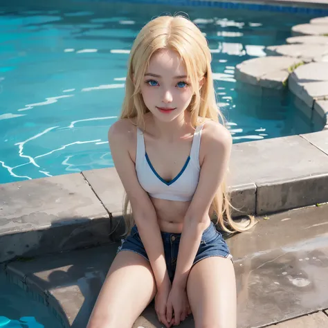 ((masterpiece)), ((best quality)), ((ultra-detailed)),((hyperrealistic)),((shiny skin)),cute 1girl,((forehead)),(((blonde hair))),((long hair)),straight hair,(((blue eyes))),((small breasts,flat breasts)),,((young and petite)),(white croptop),(sitting,arms...