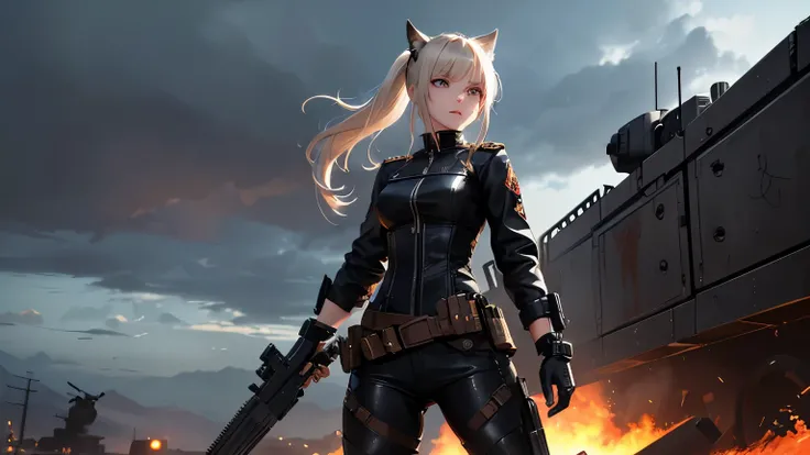 A highly detailed anime-style illustration of Freya Eisenstahl, a 15-year-old female mechanical prodigy and tank specialist. She has a petite yet strong build, with light ivory skin and short, slightly messy platinum blonde hair tied back in a practical po...