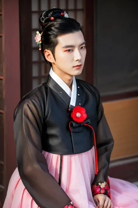 Korean male wearing hanbok , hello crossdresser , His face and hairstyle are very masculine, Pearl , sexy hanbok for sexy women, womens breasts, Using a black and red , slim female body , transparent jacket , Satin , Floral Pattern , Small side, s...