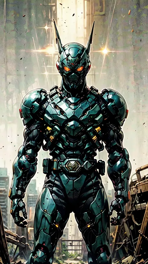 (masterpiece:1.5, best quality:1.5, extremely delicate:1.5), ((male:1.5)), a man wearing a full-face helmet, high-tech biomimetic armored combat suit, (a composite layered chest armor), the design balances heavy with agility, fully enclosed shoulder guards...