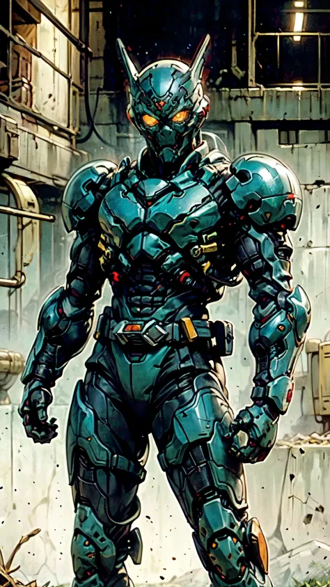 (masterpiece:1.5, best quality:1.5, extremely delicate:1.5), ((male:1.5)), a man wearing a full-face helmet, high-tech biomimetic armored combat suit, (a composite layered chest armor), the design balances heavy with agility, fully enclosed shoulder guards...