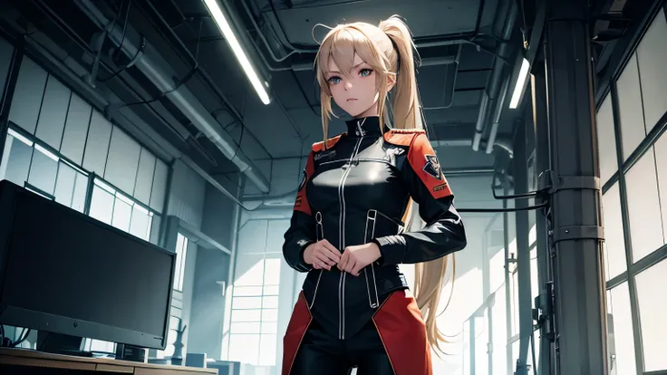 An anime-style illustration of Freya Eisenstahl, a 15-year-old tank prodigy, in a dimly lit Nazi laboratory. She has short platinum blonde hair tied in a ponytail, striking amber eyes, and a petite but strong build. Freya wears a sleek black SS uniform ins...