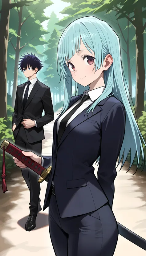 (masterpiece,best quality:1.2,amazing quality,very aesthetic,absurdres,newest),official anime style,daytime,forest、(MIWA kasumi, Jujutsukaisen),(adult),(very small head), light blue hair,long hair,gorgeous eyes,dark blue eyes,bangs,smile,(ideal ratio body ...