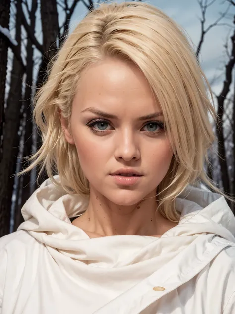 (oil painting, masterpiece, best quality, ultra detailed, focus on character), short blonde hair, ([back:0.8]|[ face facing backwards:1.1]), serious face, ([cold scenario:1.2]|[ snowy background:1.3]| [high contrast:1.1]), frankie.babe