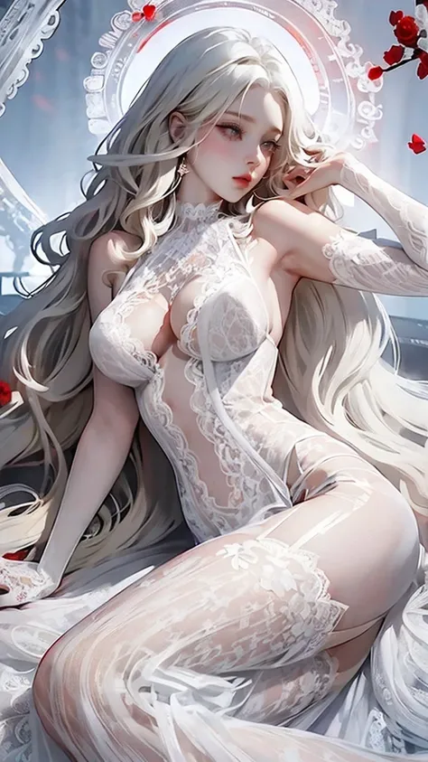 (NSFW1.3),  Watercolor Anime Comic Art Woman Vampire,  exquisite beauty,  full body shot ,  dark glamour shot  , Big Breasts, Pale skin,  blonde alone, Long Hair,  Wavy Hair in Front of the Station , Blood Red Lips  , Glowing grey eyes, she (white lace  dr...