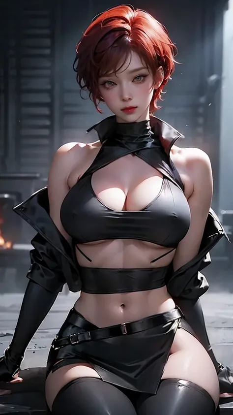 woman, Curly Red Pixie Cut Hair, Green Eyes,  wearing a black crop top shirt,  Long Black Jacket ,  red check skirt , ( black knee-high boots), black fingerless gloves , exposed shoulders, (whole body), Big breasts Freckles, ,  abs,  Watch Viewers, masterp...