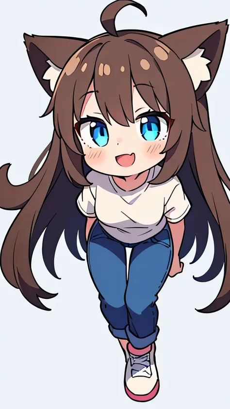  1 girl,  beautiful eyes, blue eyes, long hair, Brown Hair,  animal ears ,  fox ear, white shirt, Blue Jeans,smile,whole body,Ahoge,Crotched on a blue motorcycle, forward leaning position,Im laughing and opening my mouth