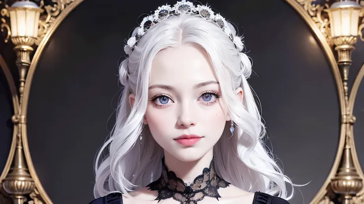 (born,  best quality, masterpiece:1.5), ( as in the photo ,  complex details:1.2),  super high resolution,  looking for something in an absurd ,  1 girl,  beautiful face, Purple Eyes, Fine grain,  symmetrical eyes,  light shines on the face, Silver Hair、Fa...