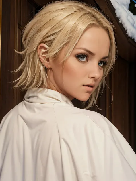 (oil painting, masterpiece, best quality, ultra detailed, focus on character), short blonde hair, ([back:0.8]|[ face facing backwards:1.1]), serious face, ([cold scenario:1.2]|[ snowy background:1.3]| [high contrast:1.1]), frankie.babe