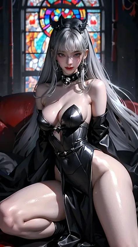 Grey Hair, Hard Dark gothic Makeup、Deep Night Sky、Horror、 black dark eyeshadow 、cry、Good skin radiance、Dark gothicメイク、Dark smile、palace、24 years old、 intense sexual pleasure expression 、Dark gothic、 best quality、Drunk face、紫のMaid clotheysterious、Noble、 sex...