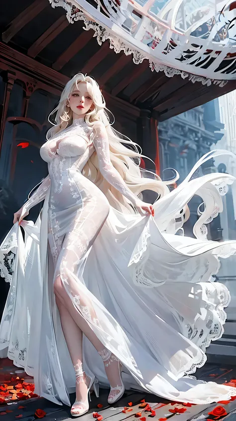 watercolor anime comic art woman vampire, Exquisite beauty, full body shot , dark glamour shot , Big Breasts, Pale skin, blonde, Long Hair, wavy hair in front of the station , Blood Red Lips , Glowing grey eyes, she (white lace dress: 1.3) ...