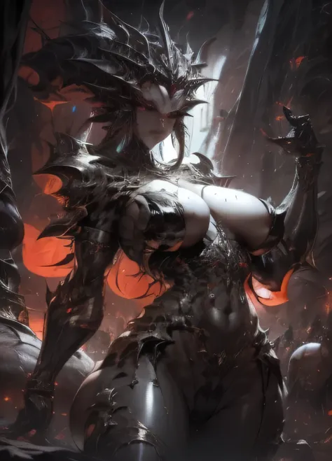  Girl ，Dark and cluttered Pandoras Primitive Ruins Pool s Advanced Artificial Intelligence Mechanical Sexy Giant Soldier Queen，Equipped with a huge heavy geometric mechanical frame, breast construction module, restraining dragon scale chest armor ， Photo M...