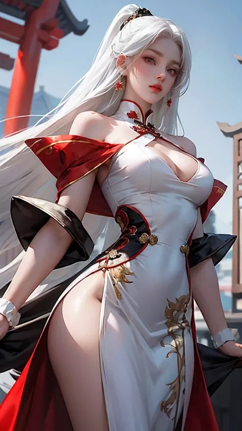 A woman with white hair and red eyes wearing a Chinese-style dress is a bit like an anime, that&#39;s Art ny And her clothes are a bit closed, she has a scarf or a cloak like that, so she wears a cloak like that so that it&#39;s a bit closed,NSFW