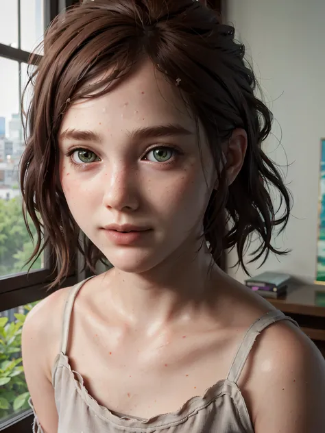 A stunning and intricate full color Ultra-HD portrait, a girl, short brown hair, green eyes, detailed face, ((detailed face:1.5)), ((cute face:1.3)),((flat chiest:1.5)), Pure white camisole, in a bedroom with a window. no plants, epic character composition...