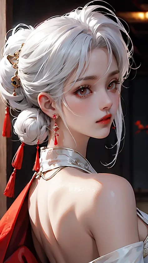 A woman with white hair and red eyes wearing a Chinese-style dress is a bit like an anime, that&#39;s Art ny And her clothes are a bit closed, she has a scarf or a cloak like that, so she wears a cloak like that so that it&#39;s a bit closed, (NSFW:1.2)