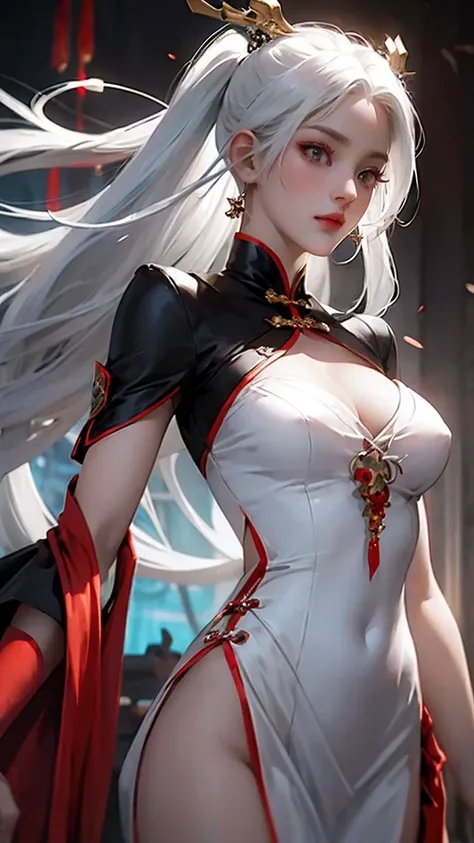 A woman with white hair and red eyes wearing a Chinese-style dress is a bit like an anime, that&#39;s Art ny And her clothes are a bit closed, she has a scarf or a cloak like that, so she wears a cloak like that so that it&#39;s a bit closed, (NSFW:1.2)