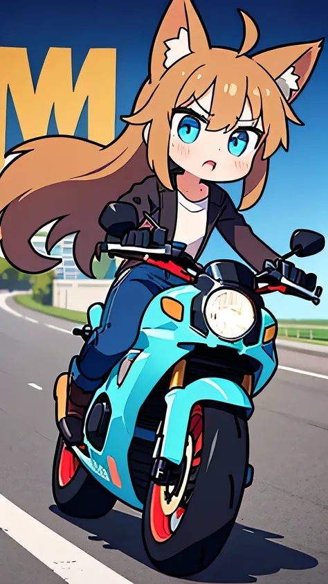  1 girl,  beautiful eyes, blue eyes, long hair, Brown Hair,  animal ears ,  fox ear, white shirt, Blue Jeans,whole body,Ahoge,Crotched on a dark blue motorcycle, forward leaning position, serious expression, with parentheses,Is speeding up and cornering on...