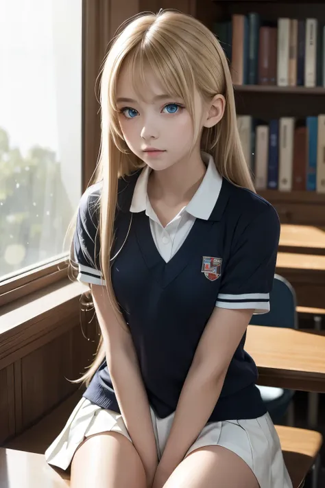 ((  Masterpiece , best quality,  high definition )),  1 girl, Alone, Green Eyes, Long blond hair tied with a blue ribbon,  Short Bang ,  sitting,  cross my arms on the table , Sleeping with arms crossed,  school uniform,  white sailor suit,  red sailor col...