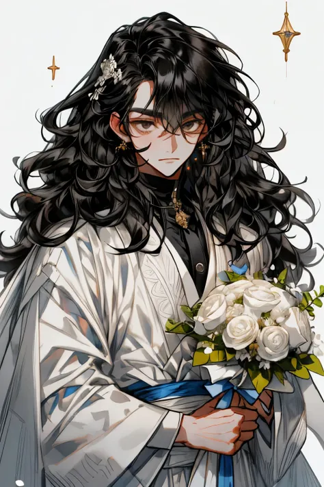 1 boy, wavy hair,  black hair , bride boy,  looking at viewer, Close to the face, bouquet,  white background, clean background ,  detailed face , High quality work 