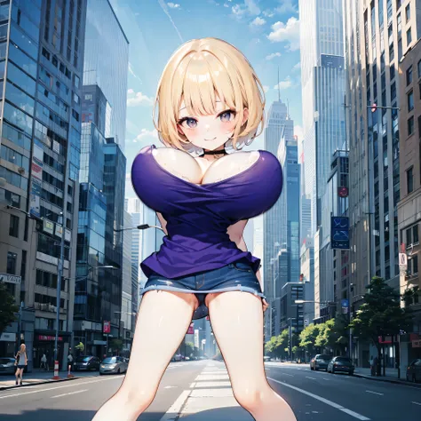 landscape, coastal city, ocean in distance, bluesky, glass-walled skyscrapers, BREAK, very young small girl standing, swaying back, arms behind back, (bouncing huge breasts), forced smile for viewer, looking for viewer, BREAK, flaxen short hair, skinny leg...