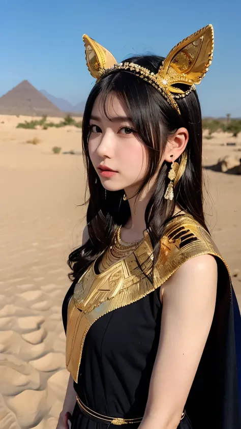 AAnubis reimagined as a beautiful anime-style girl. She has sleek black hair with golden streaks, resembling the Egyptian deitys traditional colors. Her outfit is an elegant blend of ancient Egyptian attire and modern design, featuring golden accessories, ...